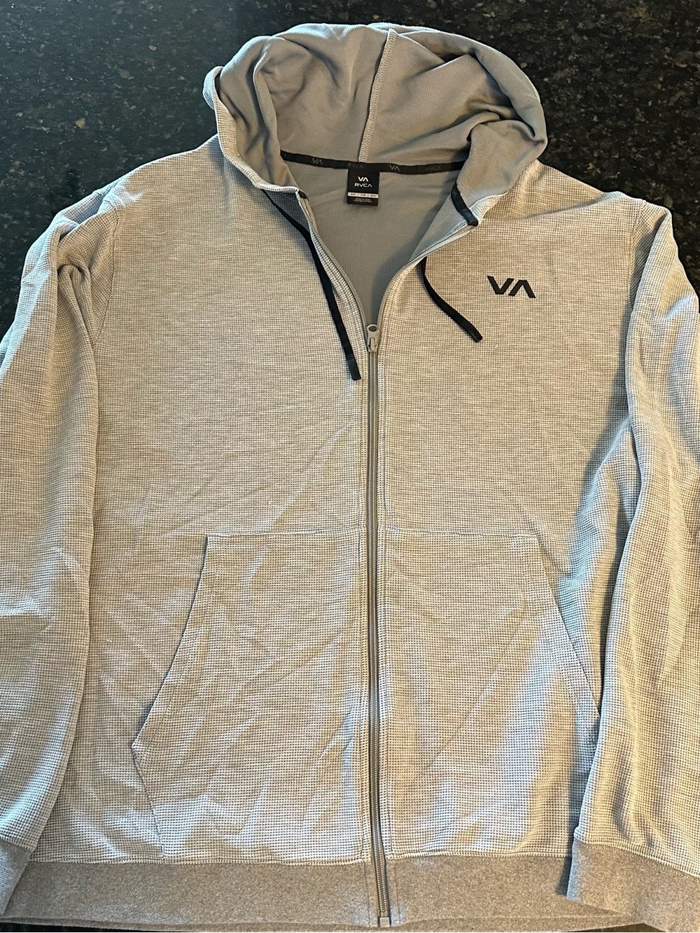 RVCA Men’s Light Gray Zip-Up Hoodie with Black Logo Accents